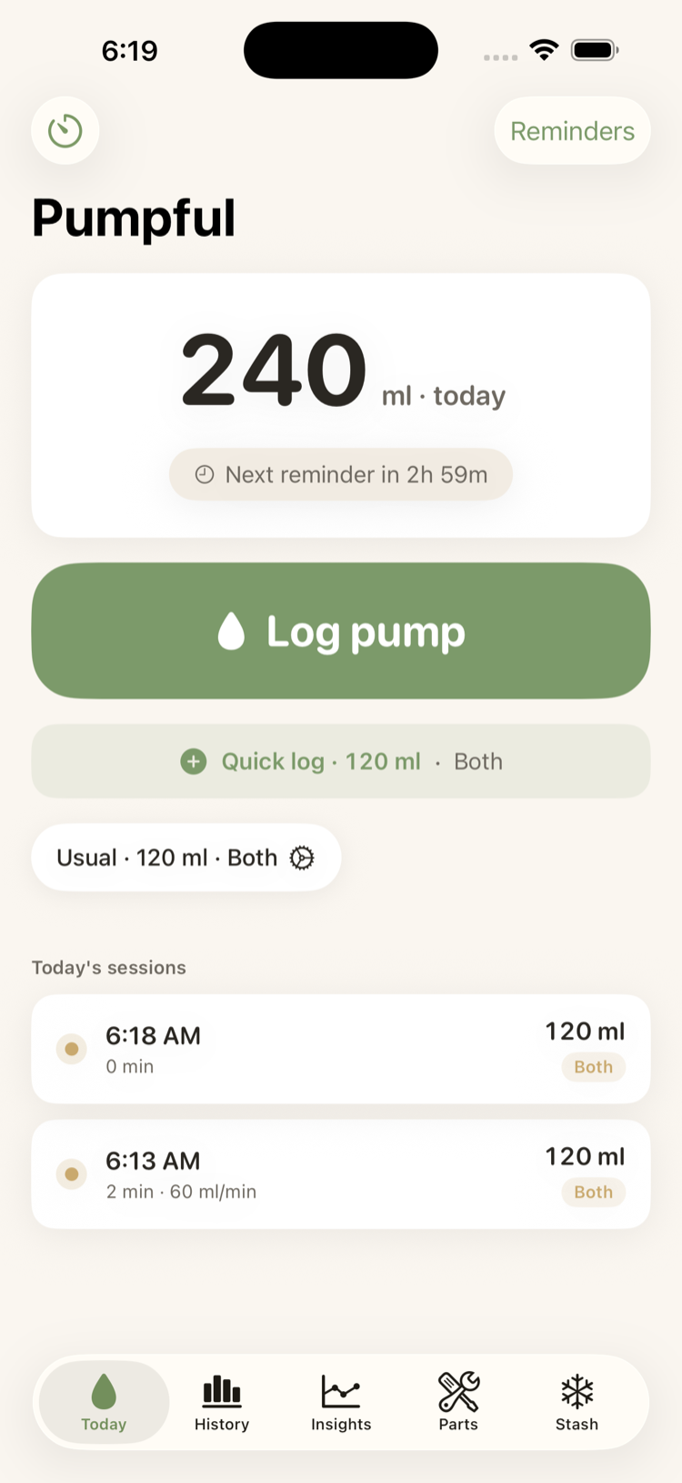 Today screen with daily total, Log pump button, and today's sessions
