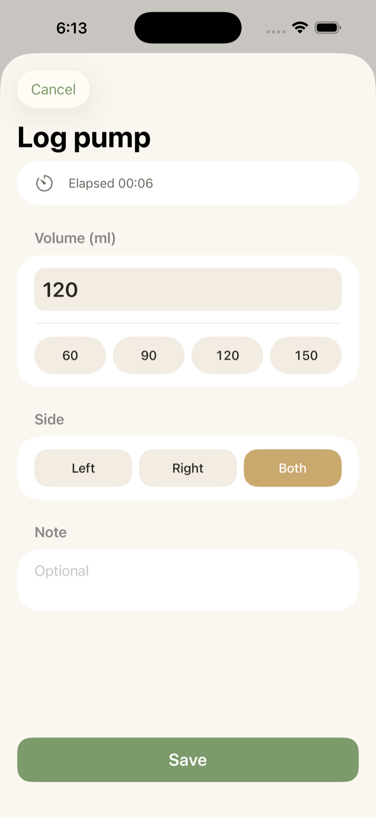 Log pump screen with volume presets, left/right/both side pills, and an optional note field