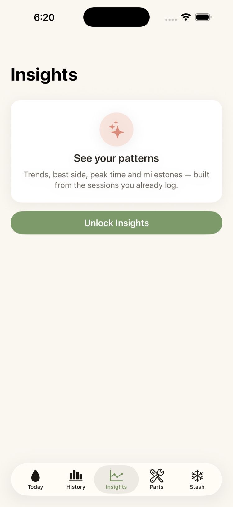 Insights screen (Pro): trends, best side, peak time, and milestones