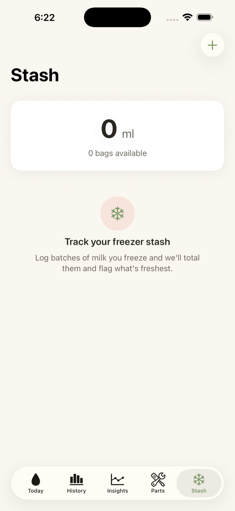 Stash screen tracking frozen milk: total volume and bags available