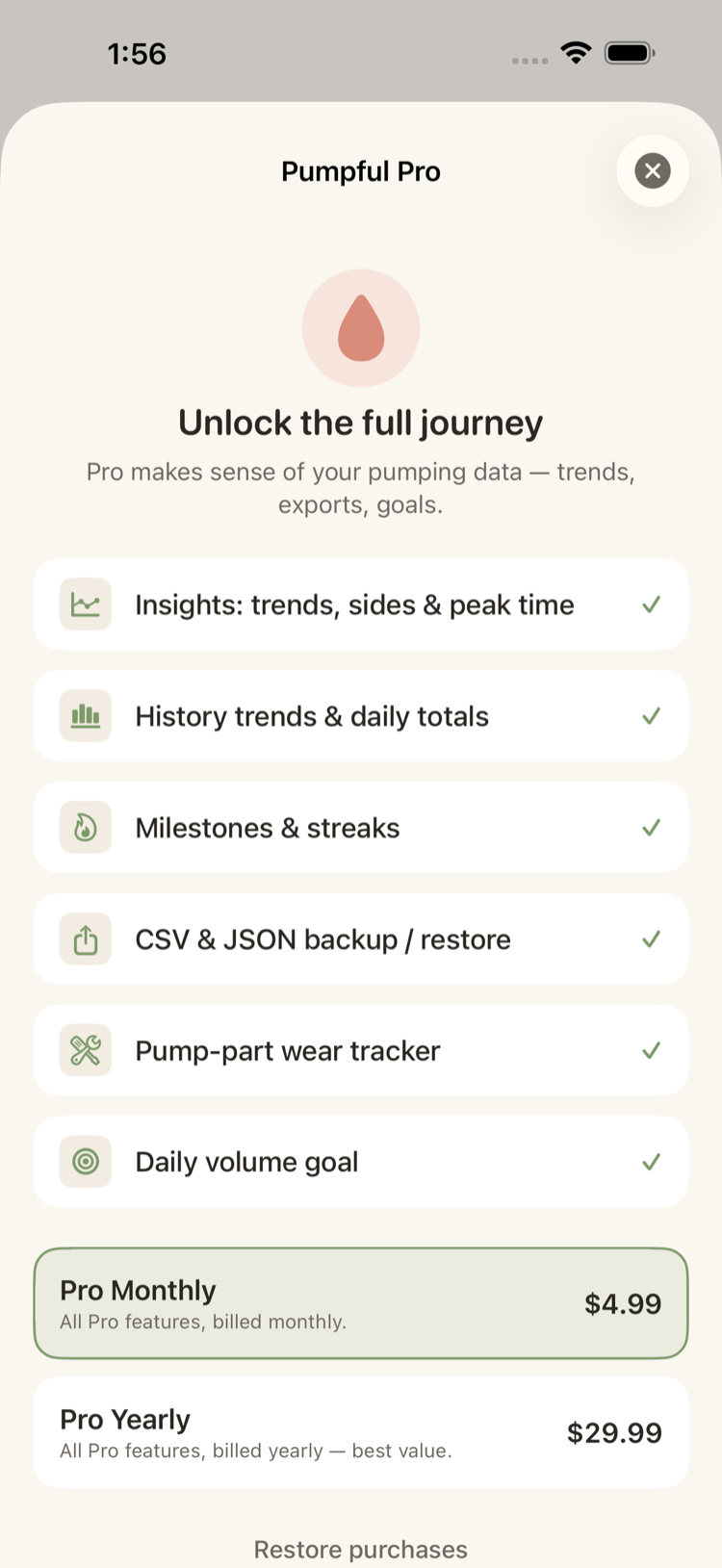 Pumpful Pro upgrade screen listing Pro features with monthly and yearly plans