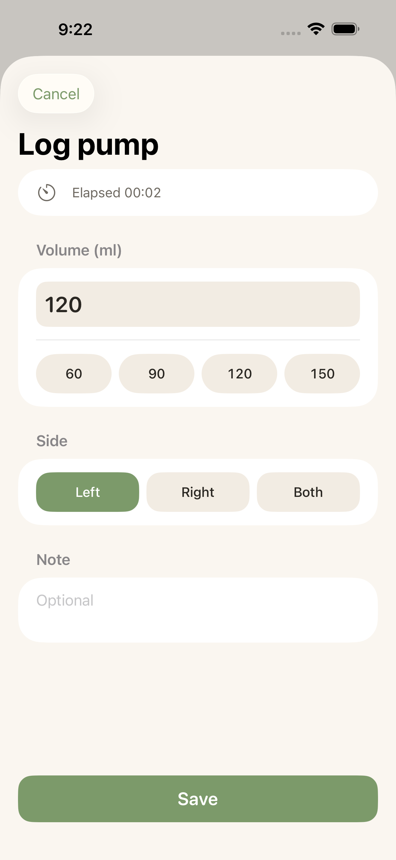 Log pump screen with volume presets, left/right/both side pills, and an optional note field