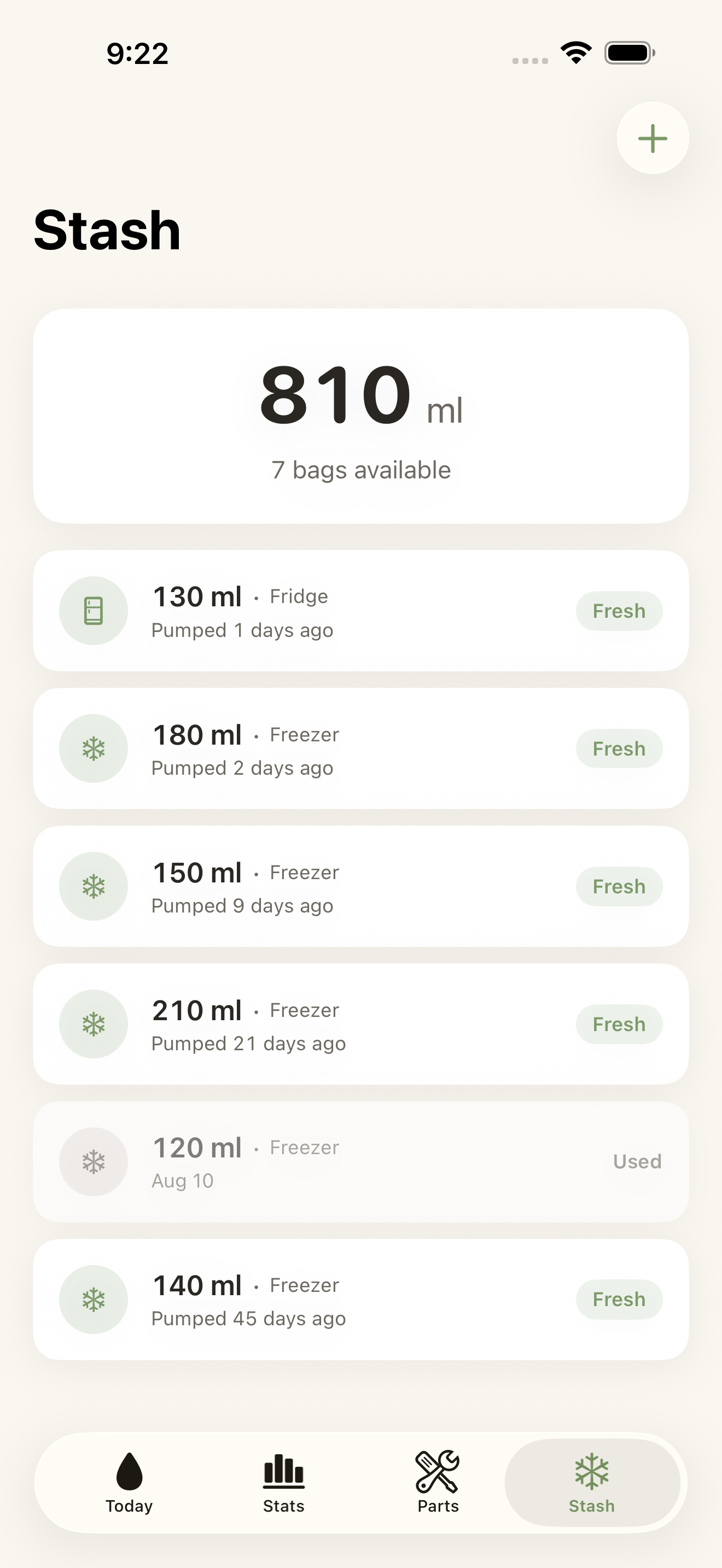 Stash screen tracking frozen milk: total volume and bags available