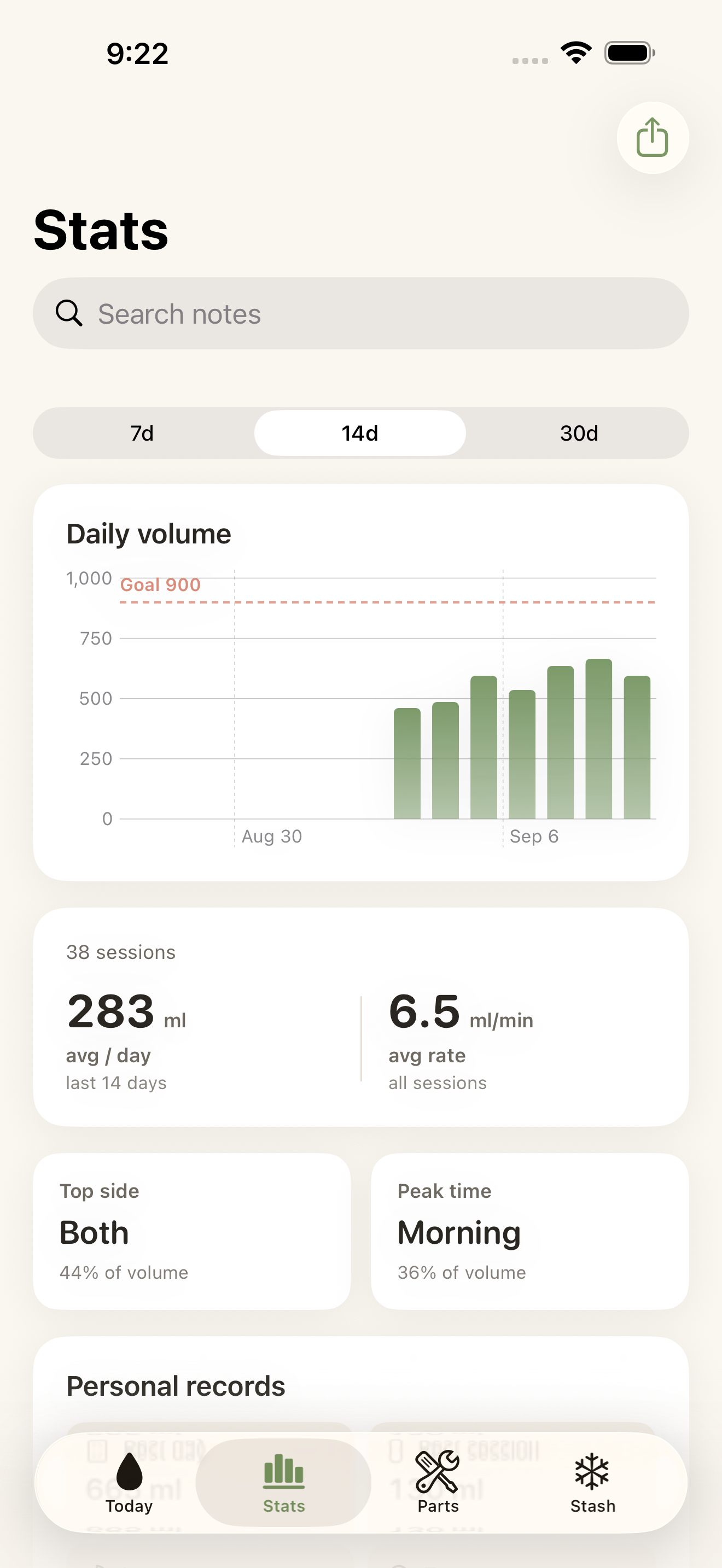 Insights screen (Pro): trends, best side, peak time, and milestones