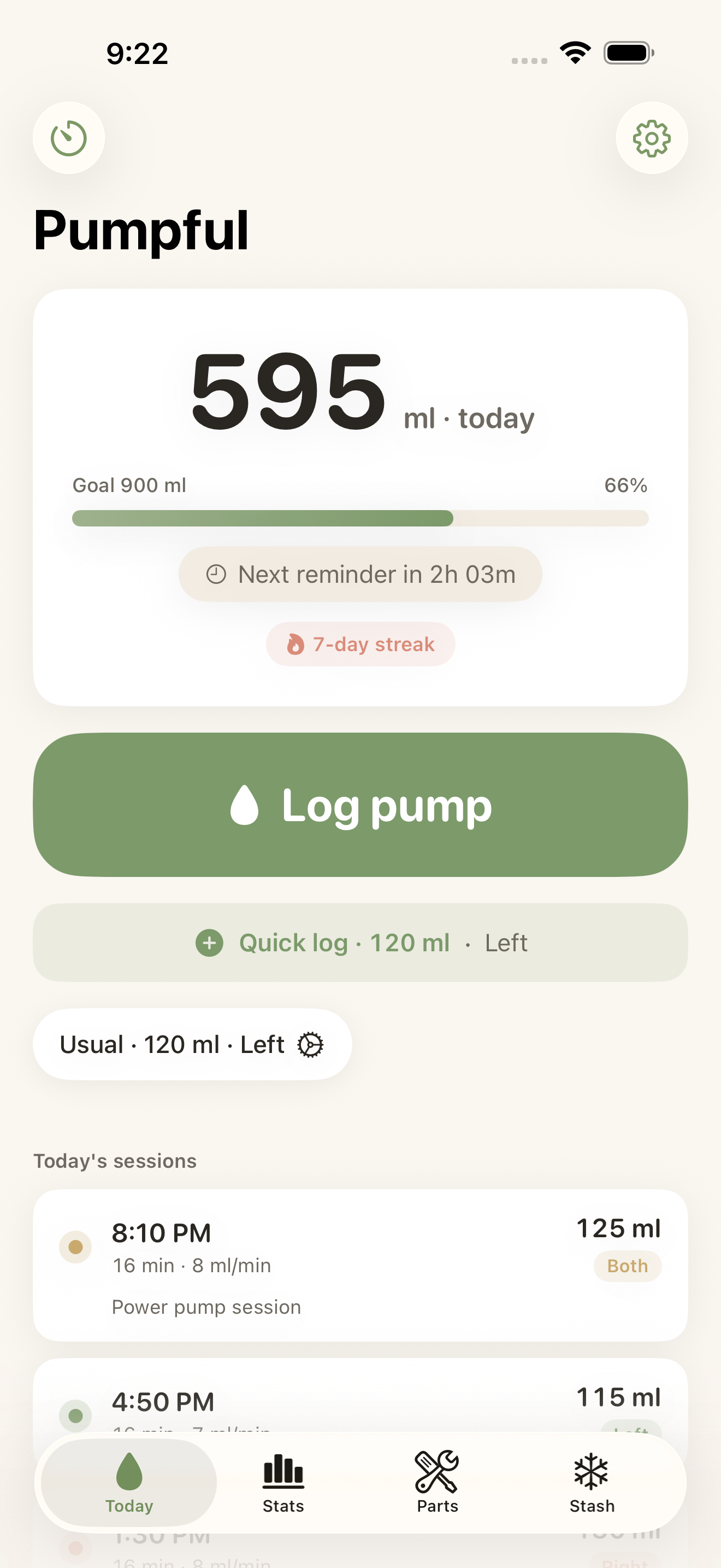 Today screen with daily total, Log pump button, and today's sessions